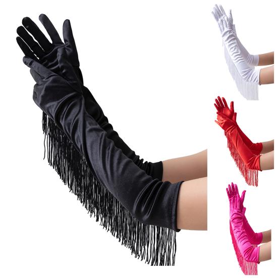 Fringed Elbow Gloves 17.7" Vintage Long Opera Pageant Gloves 1920s Bridal Gloves for Halloween Costume Party Wedding Accessories
