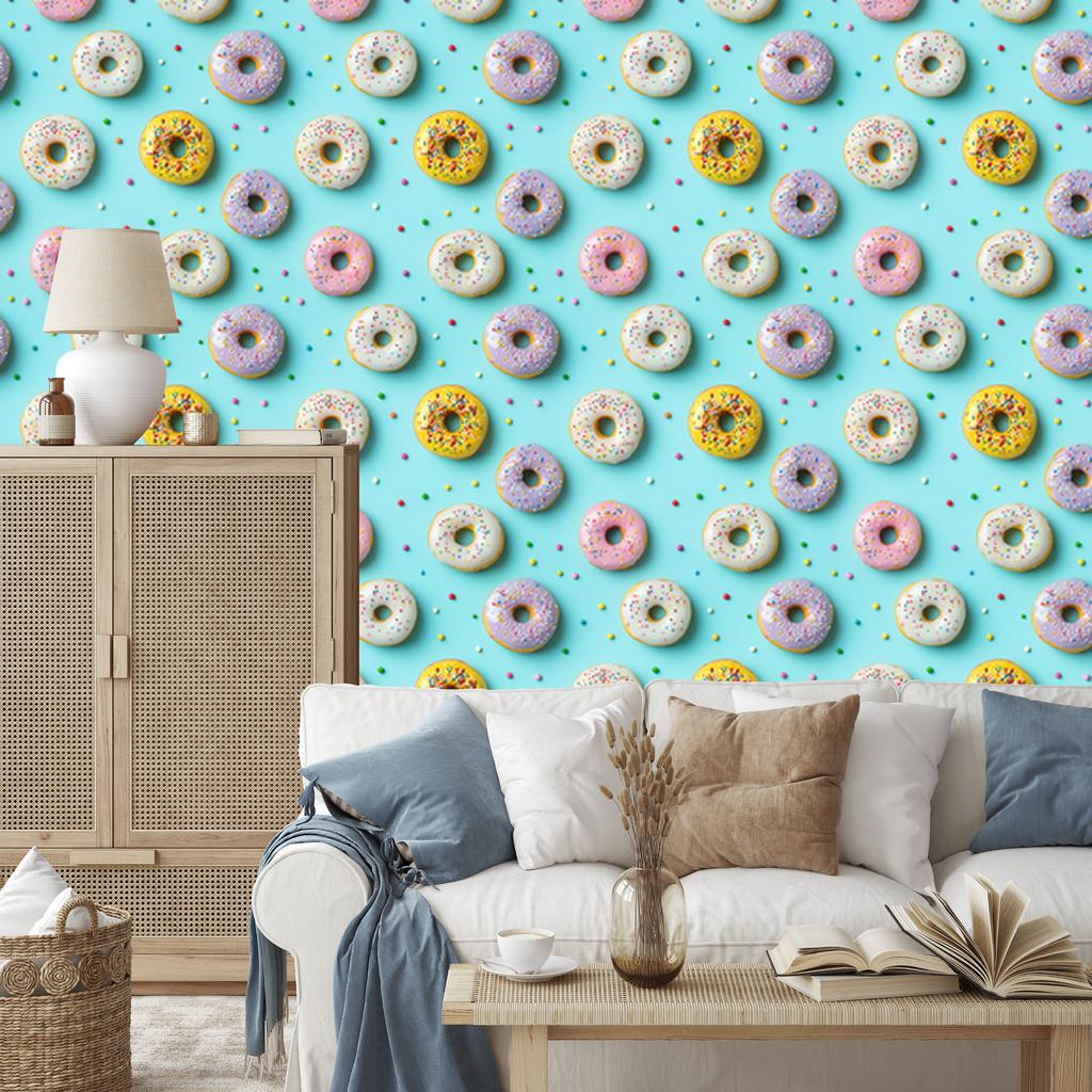 Colorful Donuts Wallpaper in Aquamarine and Turquoise for Living Room and Bedroom 50x1000