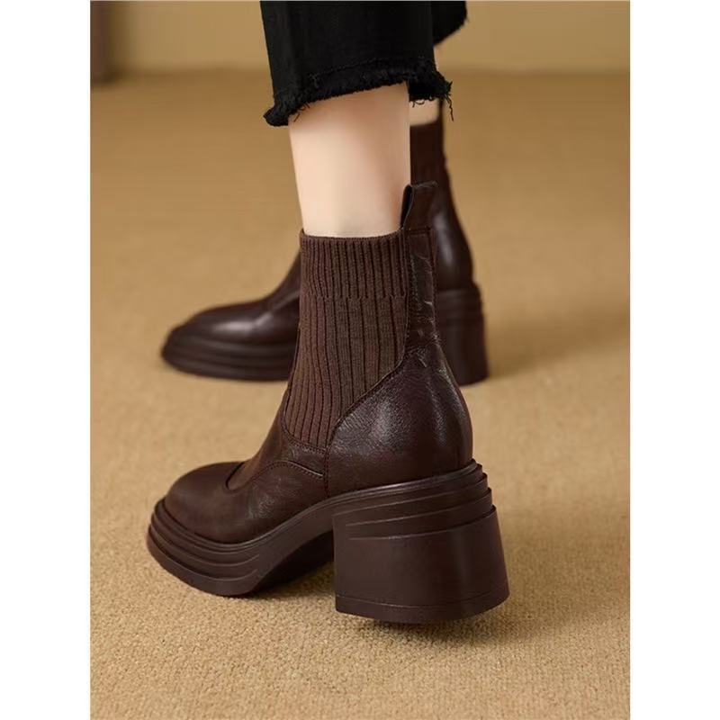 Fashion 2026 Winter Knitted Stretch Boots Women Luxury Genuine Leather Splicing Design Ankle Boots Comfortable Warm Sock Botas for Women