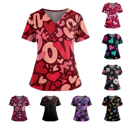 Женский День святого Валентина Принт V-образный вырез Двойной карман Короткие рукава Разрез по подолу Топ для ухода