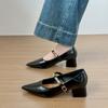 Fashion Korean Block Heel Mary Jane Retro Single Shoes Women's 2025 New Autumn Pointed Toe Shallow Mouth Vintage Strap High Heels