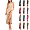 Women's Solid Color Sexy High Waist High Neck Slit Evening Gown Dress