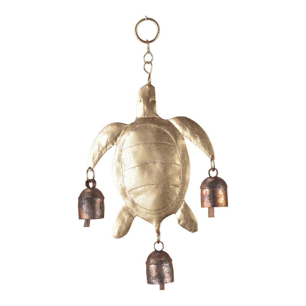 Handmade Sea Turtle Wind Chime, Golden Bronze Metal Bell, Coastal Garden Porch Ornament, Artisan Crafted Patio Decoration, 10 Inch, Pack 1