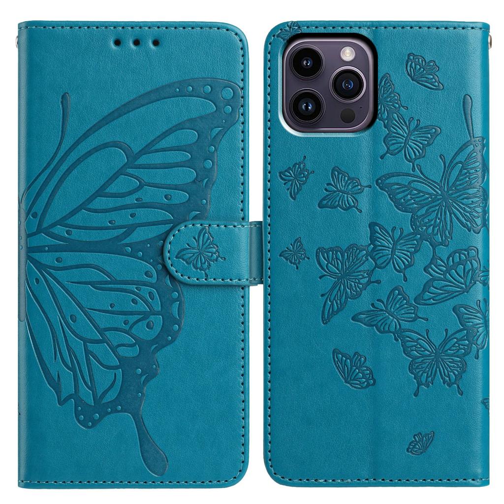 For iPhone 14 Pro Case Butterfly Imprinted Wallet Stand PU Leather Flip Phone Cover with Strap