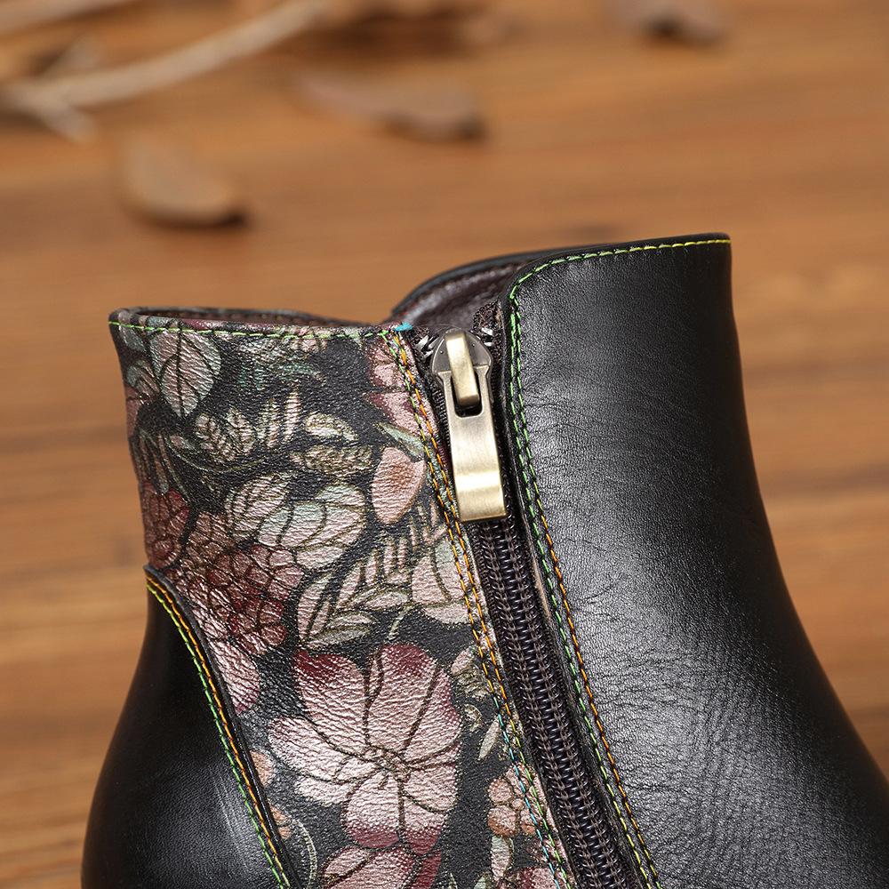 Johnature Винтажные модные женские ботинки из натуральной кожи с цветами, лаконичные современные ботинки ручной работы на высоком каблуке с круглым носком