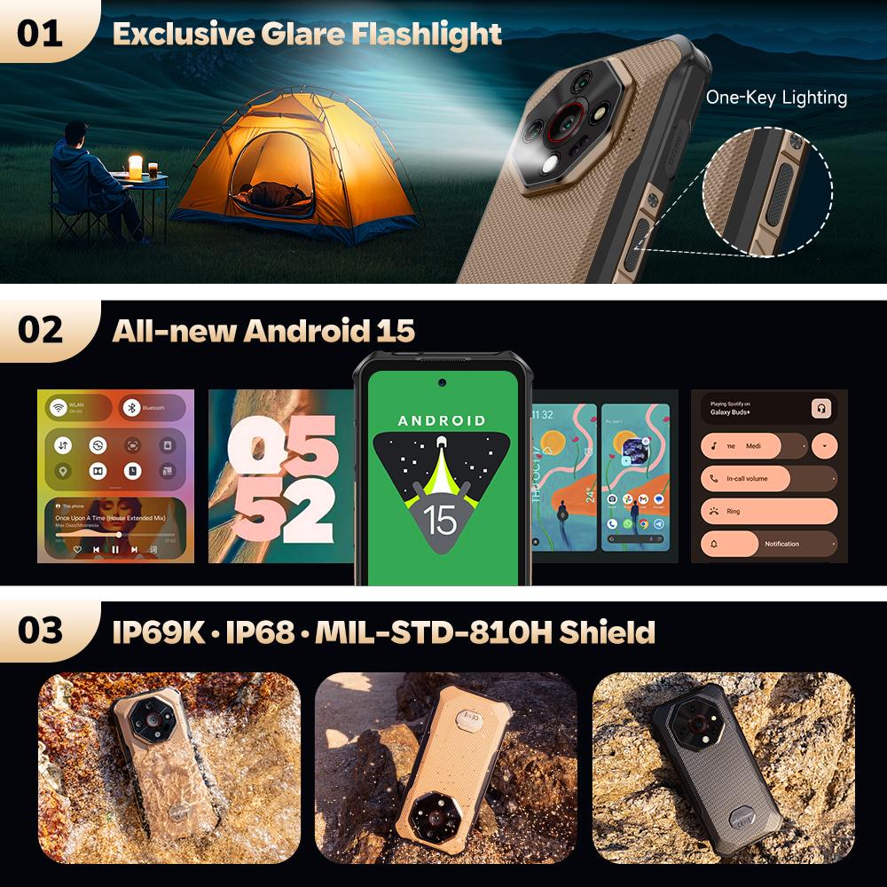 Ulefone Защищенный телефон Armor X16 4G 10360 мАч До 12 ГБ ОЗУ 128 ГБ ПЗУ 120 Гц 6,56" Android 15 Смартфон Ночная камера