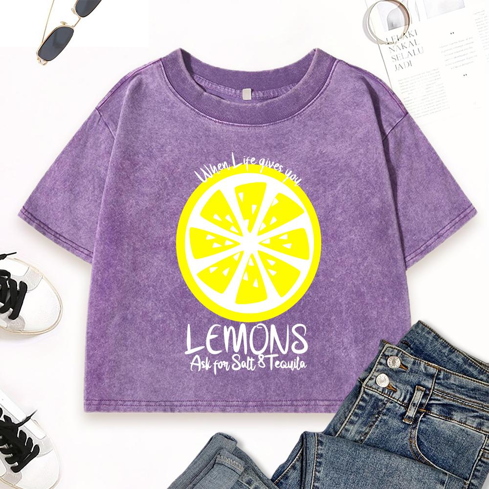 When Life Gives You Lemons Ask For Salty Tequila Woman Washed T-Shirt Slim Clothes O-Neck Crop T Shirt Soft Cotton Top