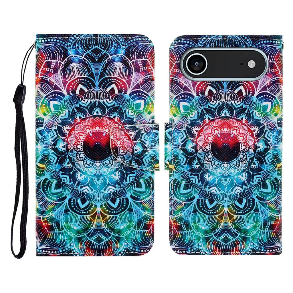 For iPhone 17 Air Case Pattern Printing Protective Leather Folio Phone Cover with Wrist Strap