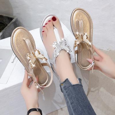 Женская обувь. Сандалии на плоском носке. Летняя повседневная пляжная обувь со стразами и бантом.