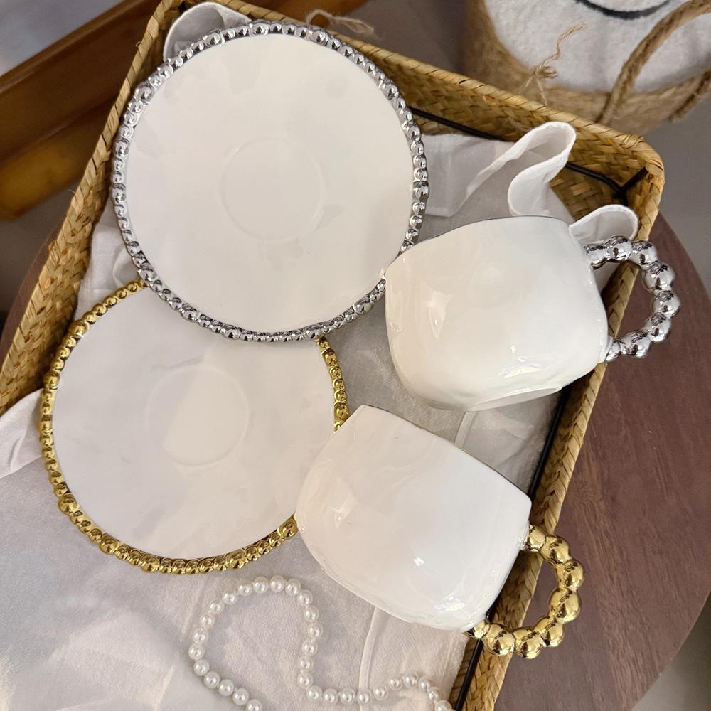 Кружка для пары Винтажная неровная жемчужная керамическая чашка с блюдцем Современная чашка для десертного напитка для послеобеденного чая с блюдцем Офисная кружка Простой подарок
