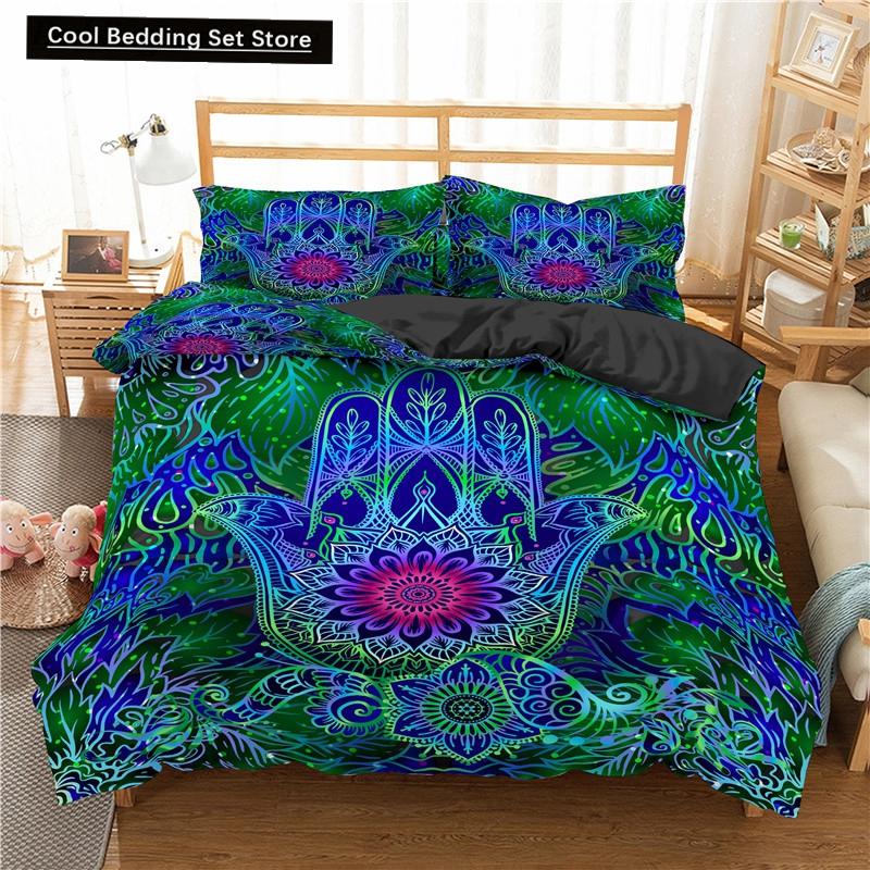Comforter Hamsa Hand King Queen Gold Lucky Hand Of Fatima Bedding Set Black Boho Hippie Polyester Comforter