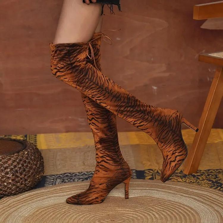 Женские модные сапоги осень-зима леопардовые туфли выше колена каблуки качественные замшевые длинные удобные остроносые сексуальные сапоги эластичные сапоги до бедра