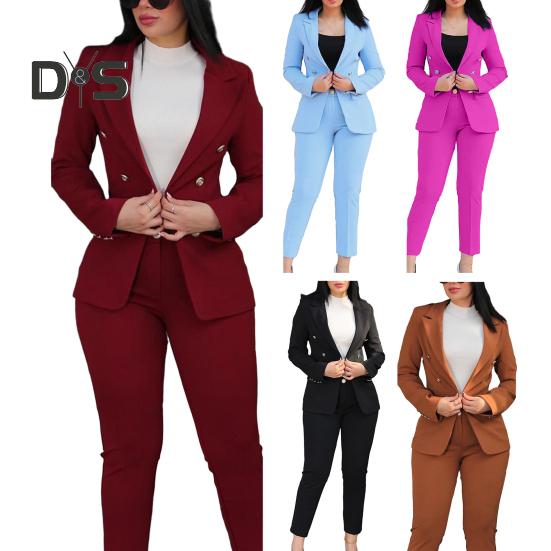 2 Pcs/Set Women Coat Pants Suit Double-breasted Long Sleeve Cadigan Lapel Jacket High Waist Button Zipper Closure Slim Fit Pants Lady OL Commute
