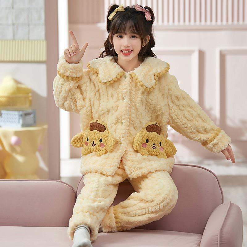 Girls Coral Fleece Pajama Set Long Sleeve Warm Thick Hooded Sleepwear Winter Home Wear