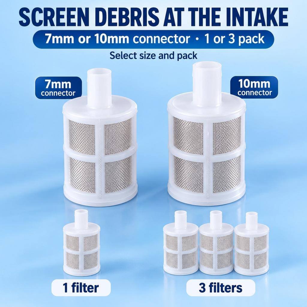 Mesh Pump Intake Strainer, 7mm or 10mm Connector, One or Three Pack