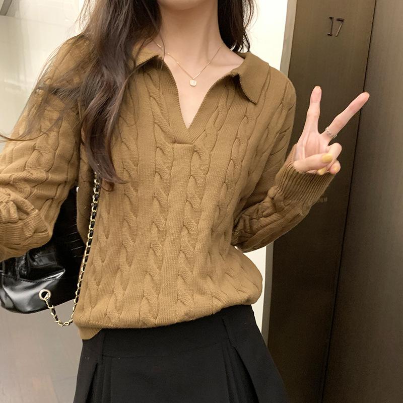Американский ретро-свитер с ямками для женщин на осень и зиму, новый стиль, ленивый, универсальный, с лацканами, короткий, тонкий свитер