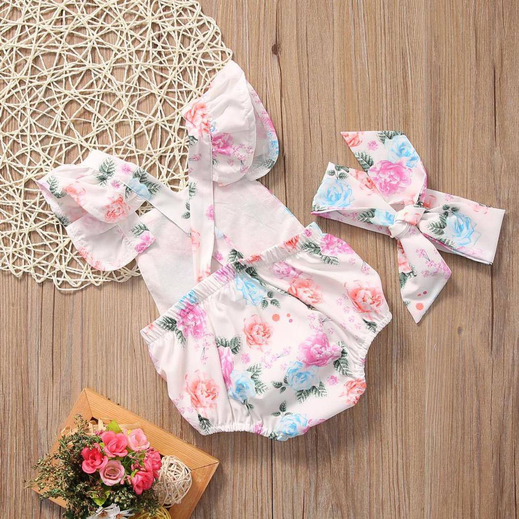 Toddler Kids Baby Girl Clothes Tops Romper Bodysuit+Headband Sunsuit Outfit Set