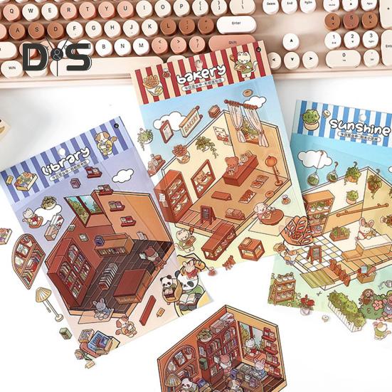 4 Set 3D DIY House Scene Stickers Stress Relief Decals Supermarket Coffee Shop Bookstore Sun Room Library Tear-resistant Surface Stickers