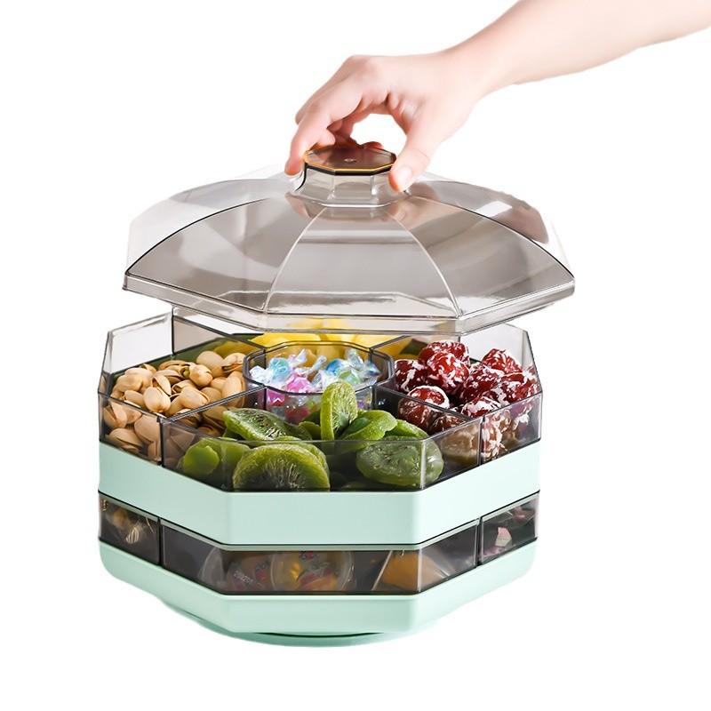 High-end Living Room Coffee Table Candy Nut Snacks Partition Storage Fruit Box Tray Household Double Layer Rotating Dried Fruit with Lid