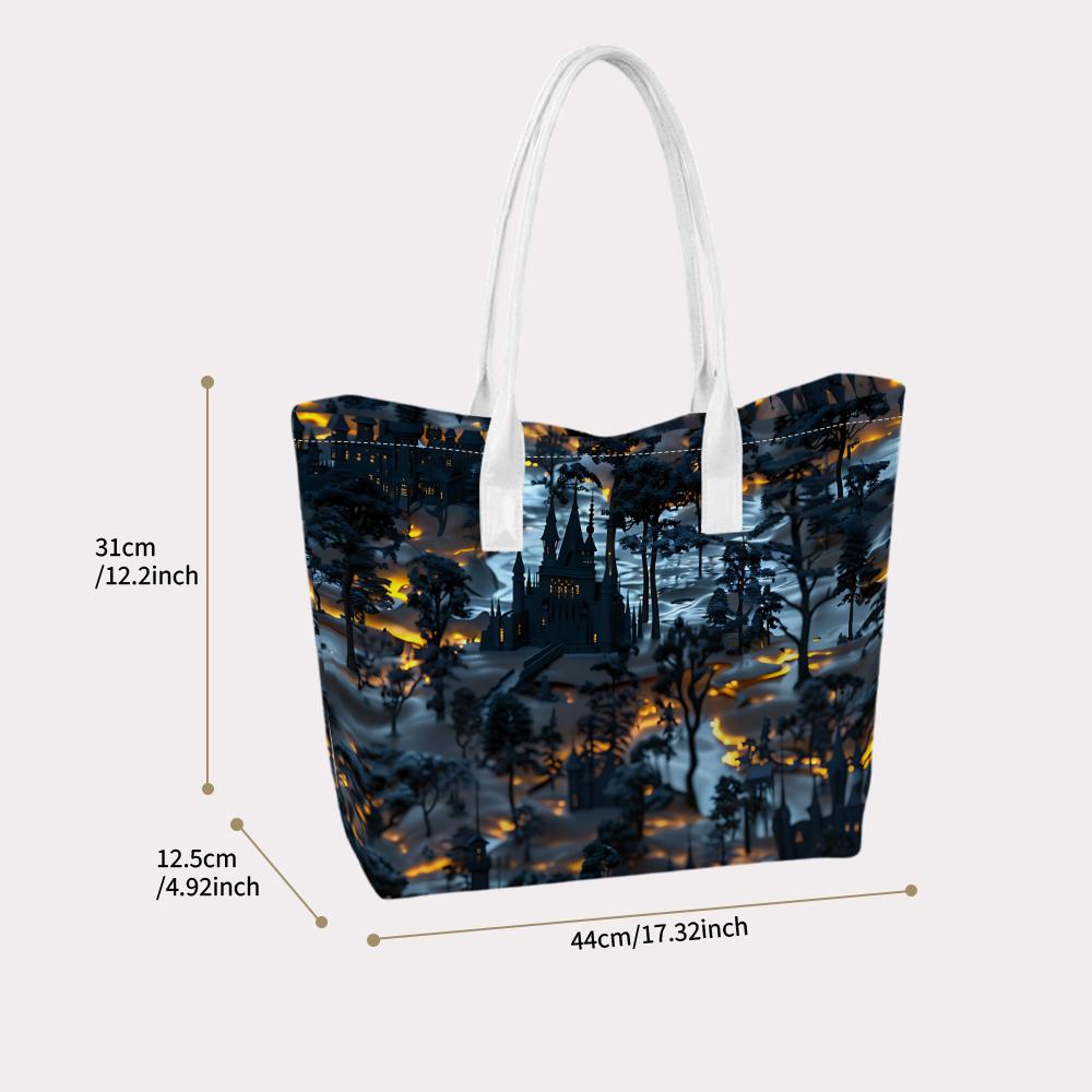 Gothic Castle Pattern Tote Bag Dark Forest Printed Shoulder Bag Casual Daily Handbag