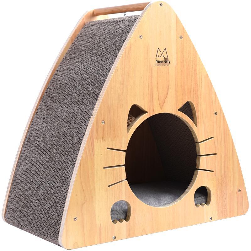 Треугольная кровать для кошки из массива дерева с гофрированной царапающей поверхностью и игрушками для кошек
