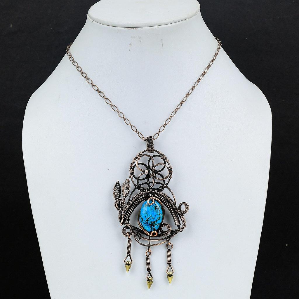 Blue Turquoise Handmade Gemstone Pendant, 999 Copper Wire Wrapped Antique Jewelry Pendant, For Engagement Gift