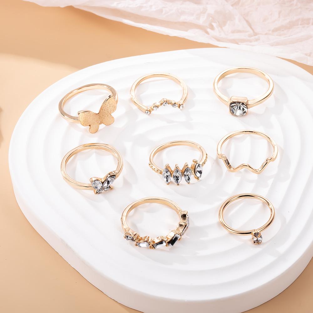 Combination Ring Golden Butterfly Wave Point Diamond 8-piece Set Ring