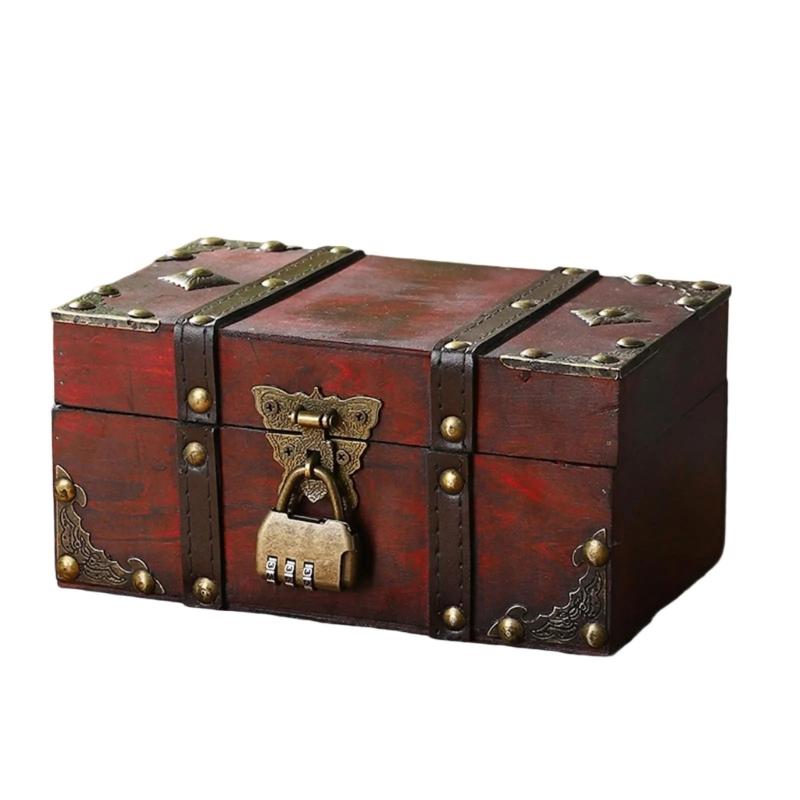 Антикварный деревянный ящик для хранения с замком, декоративная откидная крышка, маленький сундук для монет, украшений, памятных вещей, домашнее украшение