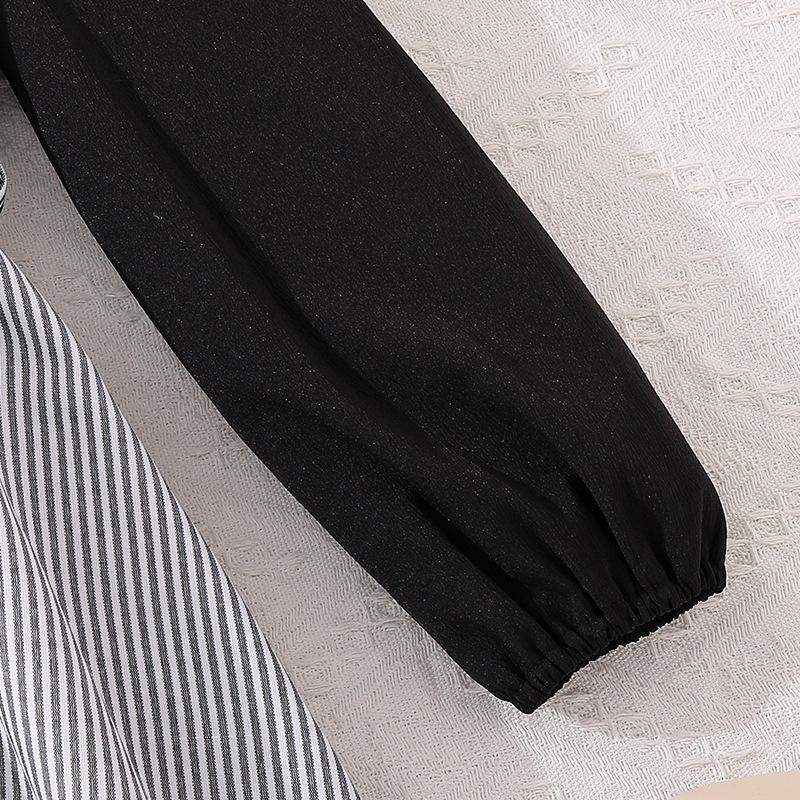 Платье для девочек Детская одежда Осень Новый стиль V-образный вырез Кружево Длинный рукав Лоскутное Полосатое Платье принцессы