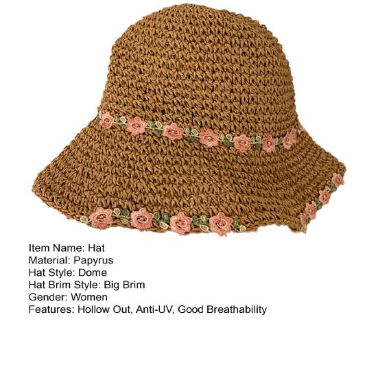 Women Straw Hat Hollow Out Fake Flower Decor Anti-UV Sun Protection Good Breathability Decorative Beach Cap Lady Outdoor Travel Hat