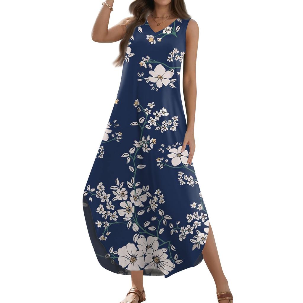 Женский 2024 летний повседневный свободный сарафан длинное платье с цветочным принтом без рукавов с v-образным вырезом и разрезом футболка платья макси