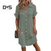 Summer Women Dress Turn-down Collar Single-breasted Loose Short Sleeves Loose Solid Color Patch Pocket Knee Length Commute Leisure Midi Dress