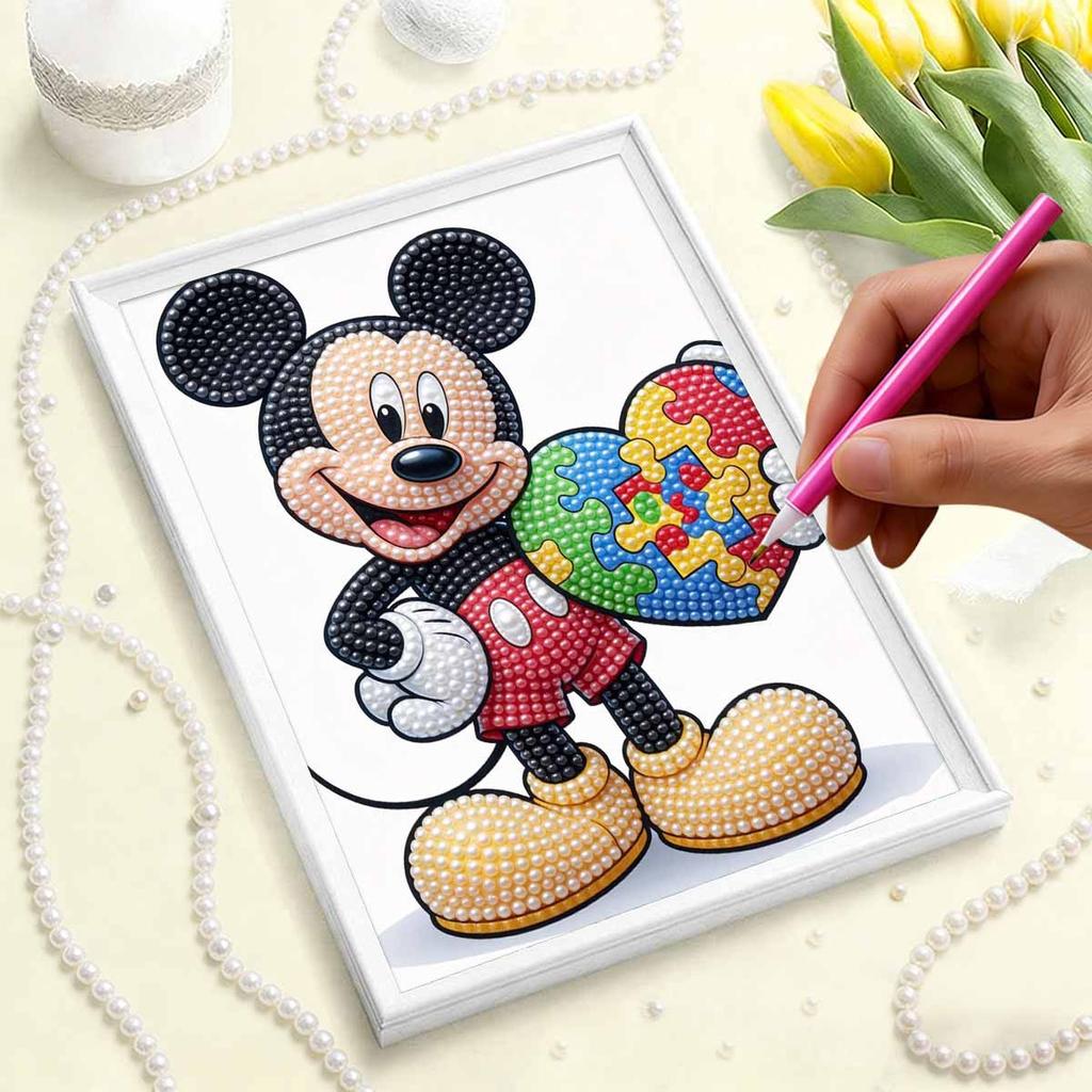 Disney Mickey Series Pearl Inlaid Frameless Art | Creative Rainbow Puzzle Heart | Modern Wall Decor for Adult Lounge & Living Space
