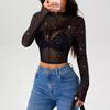 2025 Spring/Summer Women's Stand-Up Collar Sequin Mesh T-Shirt
