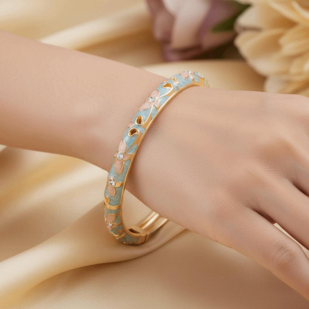 Lightweight Metal Cloisonne Floral Bangle Rhinestone Thin Bracelet  Holiday Presents