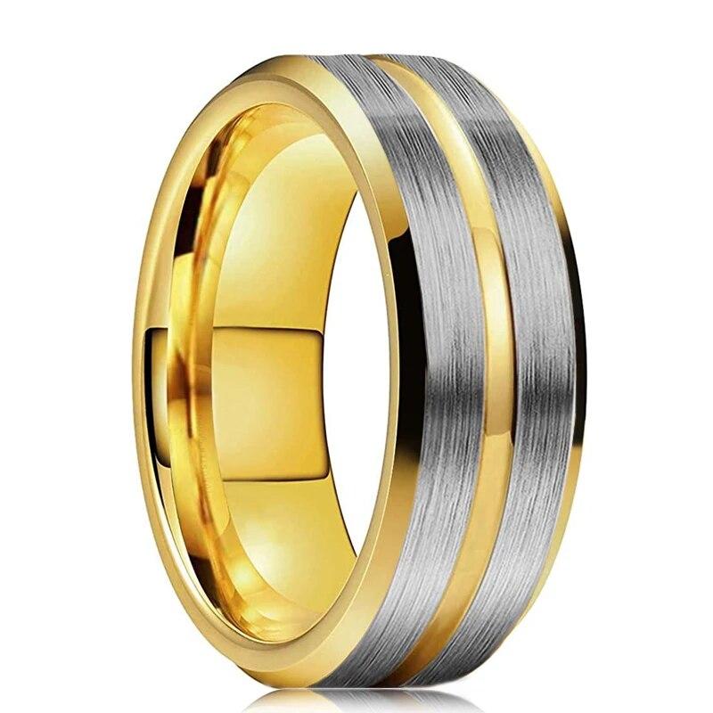 Fashion Men's 8mm Gold Color Groove Beveled Edge Tungsten Wedding Carbon Fiber Ring Punk Gear Wheel Stainless Steel Ring For Men