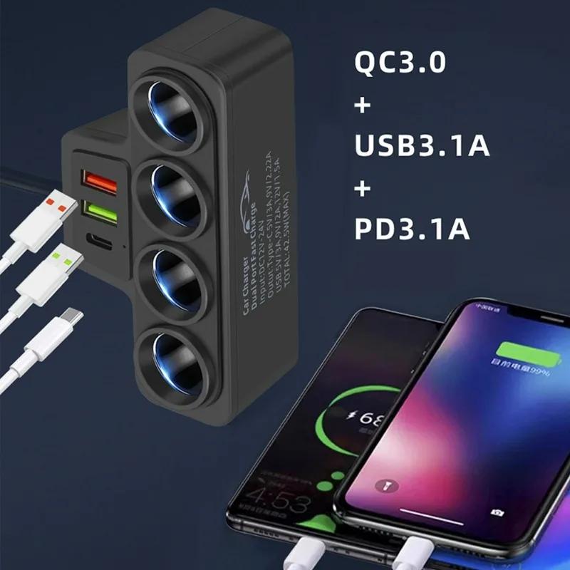 7in1 Cigarette Adapter Charger 12V/24V 4-Socket Car Cigarette Lighter Adapter 120W 3.1A USB+QC3.0+PD3.1A Car Charger Accessories