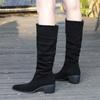 Retro Fashion Winter Pointed Toe Quality Knee- High Boots Flock Pleated Stretch for Women Not Slip Casual Black Boots