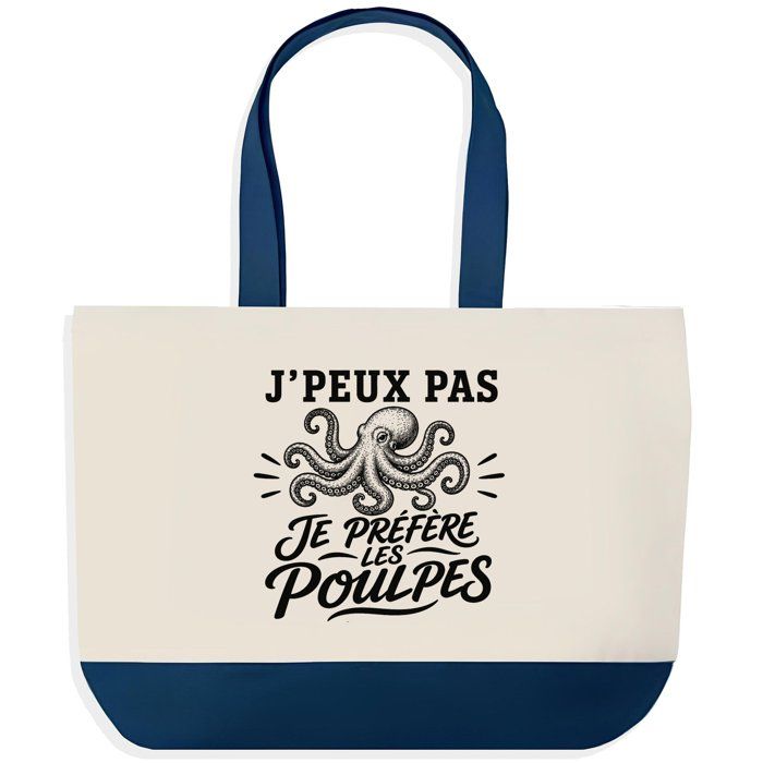 Grand Sac Cabas Fond Bleu J’peux pas je préfère les Poulpes J'peux pas minimaliste | Toile de Coton 170 g/m² 27 L Poche Intérieure