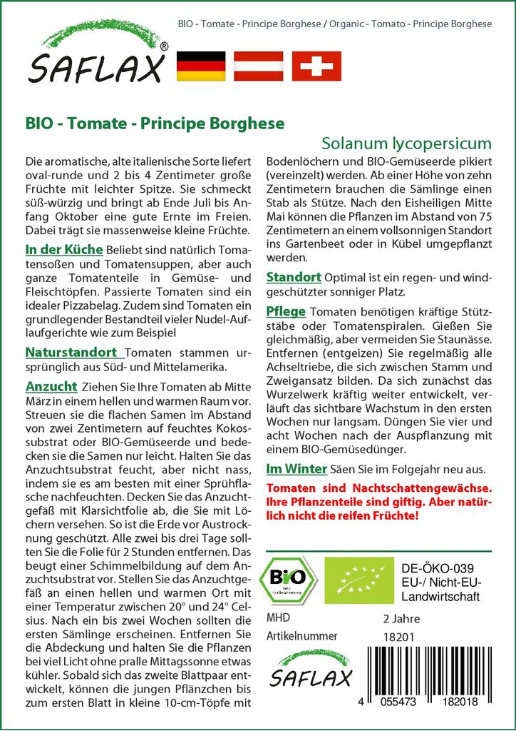 SAFLAX Garden in the Bag - Органический - Помидор - Principe Borghese - 10 семян - С субстратом в подходящем стоячем пакете - Solanum lycopersicum