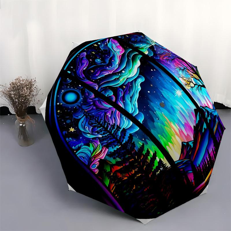1pc Aurora Borealis Forest Night Sky Umbrella with Plastic Handle,Vibrant Cartoon Pattern,Multi-functional UmbrellaPT107
