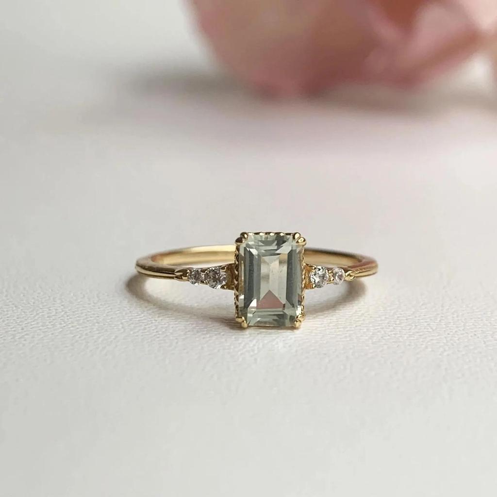 Women’s Emerald Cut Green Amethyst Gemstone Engagement Ring – Gold Plated Band with Side Diamond Accents, Elegant Statement Jewelry Gift for Her
