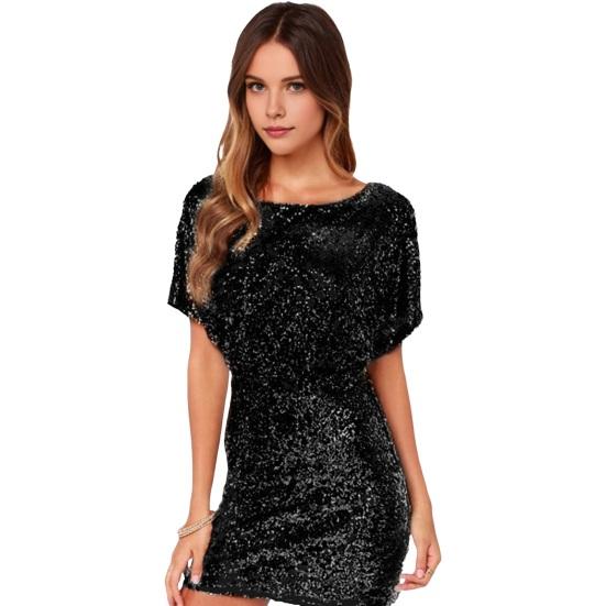 Women Mini Dress Round Neck Hollow Short Sleeve Backless Short Dress Glitter Sequins Hip Wrapped Party Dress