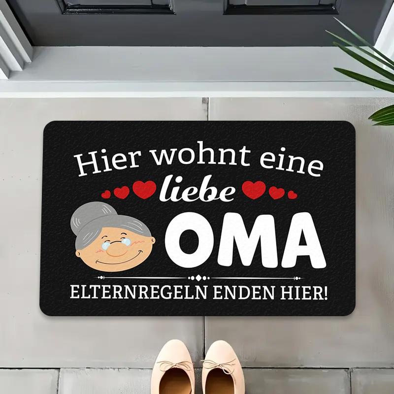Немецкий коврик для прихожей "Oma" - «Здесь живет любящая бабушка» Черный юмористический коврик с сердечками, Машинная стирка, Фланелевый коврик для входа