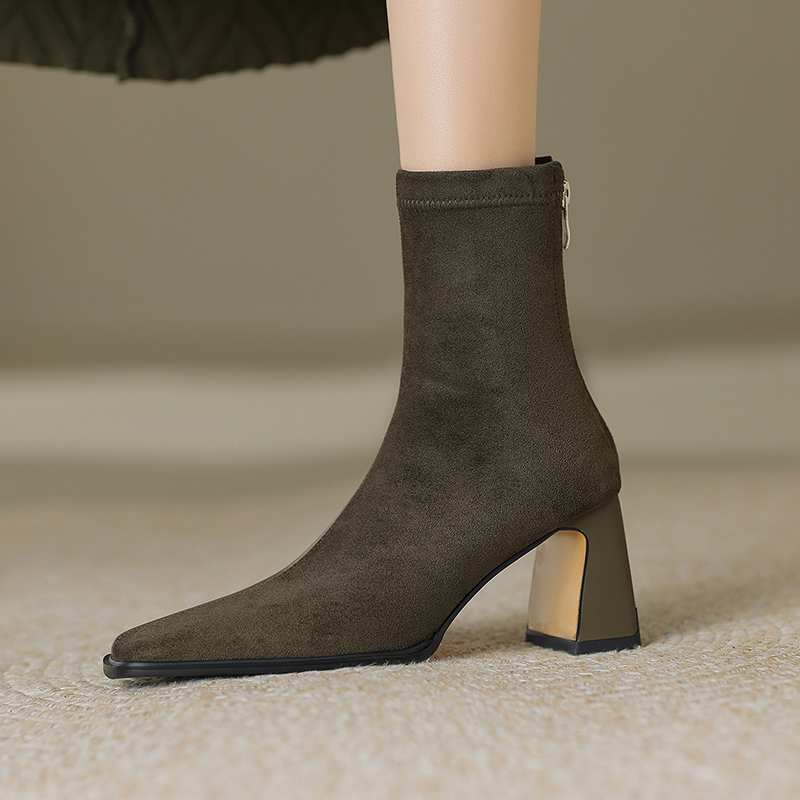 Krazing Pot Зимние ботинки из флока из микрофибры с квадратным носком, эластичные ботинки без шнуровки на высоком толстом каблуке, женские ботильоны