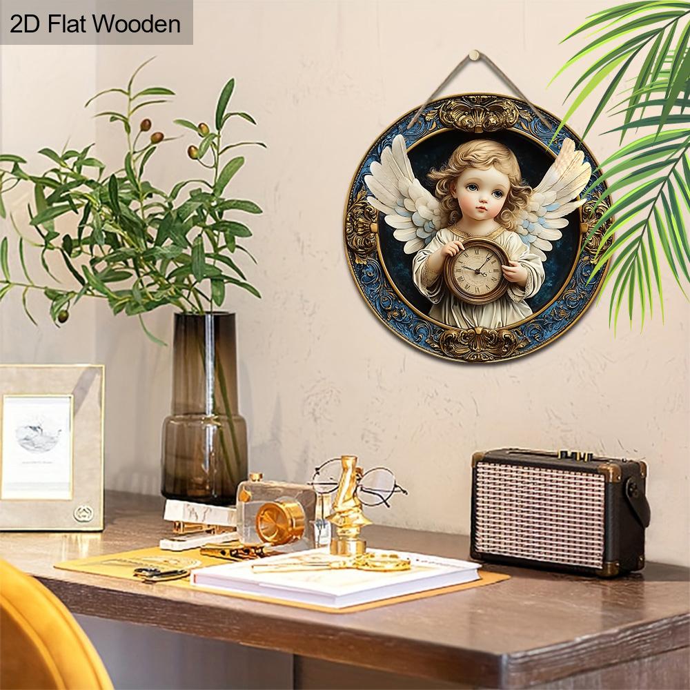 Wooden Sign Adorable Angel & Clock Pattern - Charming Round Artwork for Front Door Wall Home Hanging Decoration