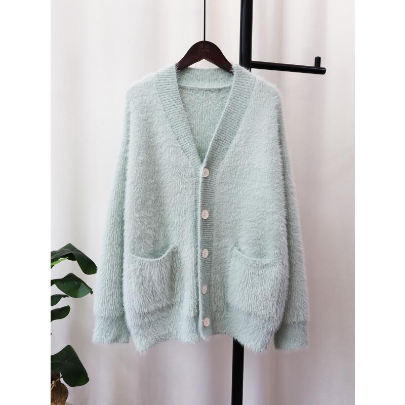 Вязаный кардиган из искусственного норкового бархата, женский, свободный, с V-образным вырезом, универсальный, однотонный, осенне-зимний, новый, куртка-свитер, толстый