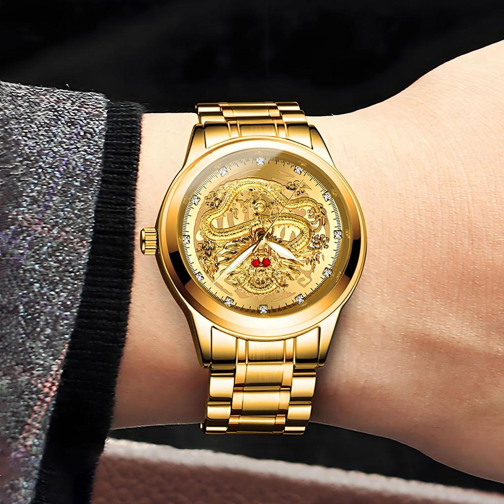 FNGEEN Men's Watch Light Luxury Relief Golden Dragon Watch Waterproof Diamond Inlaid Ruby Mens Quartz Watch