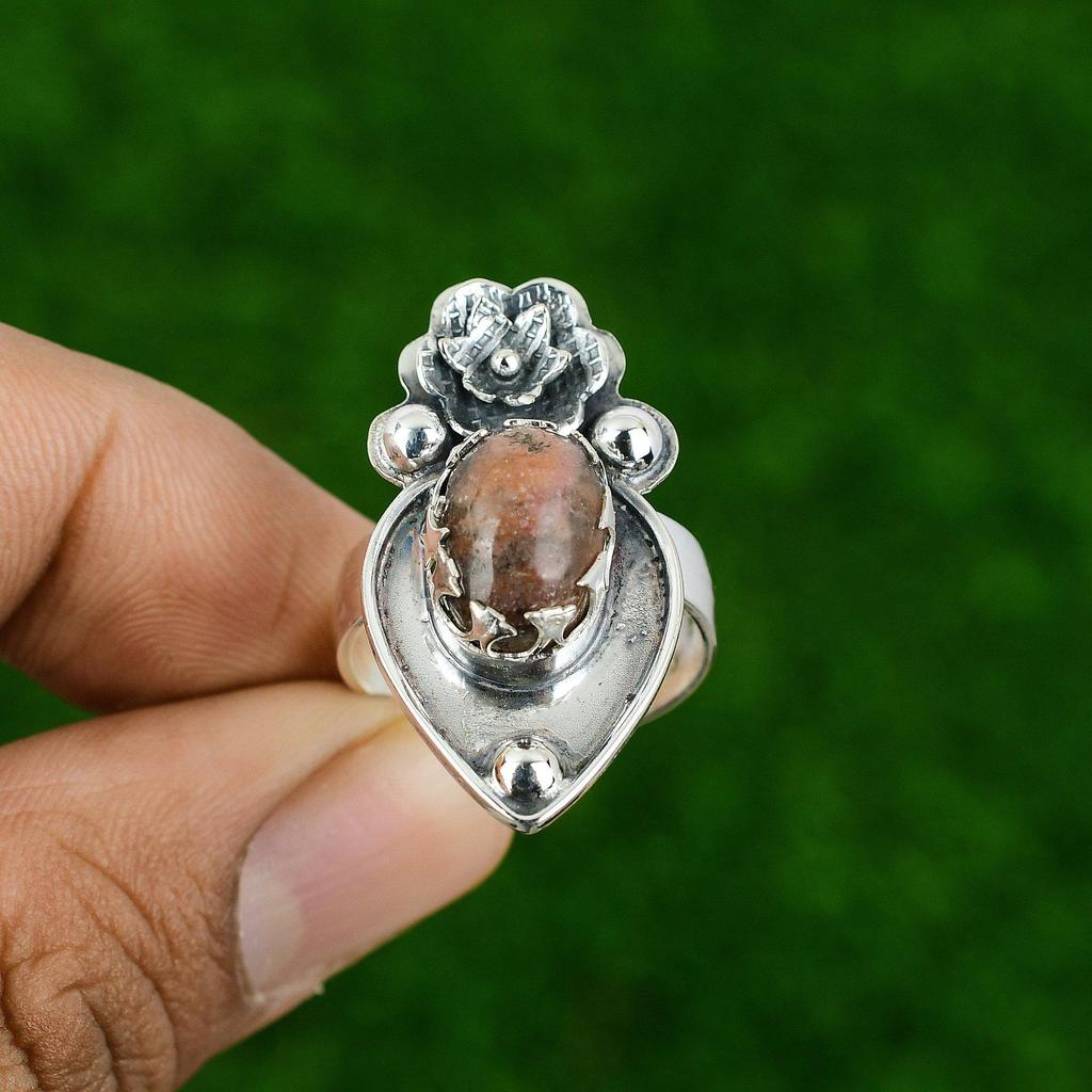Gift For Her 925 Silver Natural Rhodonite Multi Stone Flower Adjustable Ring