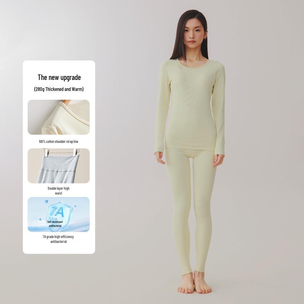 Женский комплект термобелья большого размера из двухсторонней фланели - Чистый хлопок, Толстый базовый слой с круглым вырезом для осени и зимы